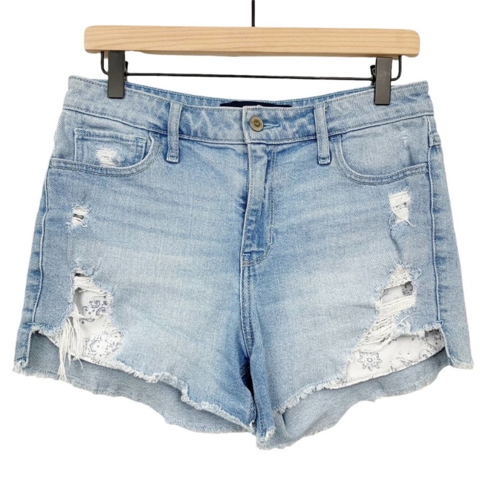 Hollister Jean High Rise Midi Shorts Size 28 Light Wash Distressed Stretch Denim
